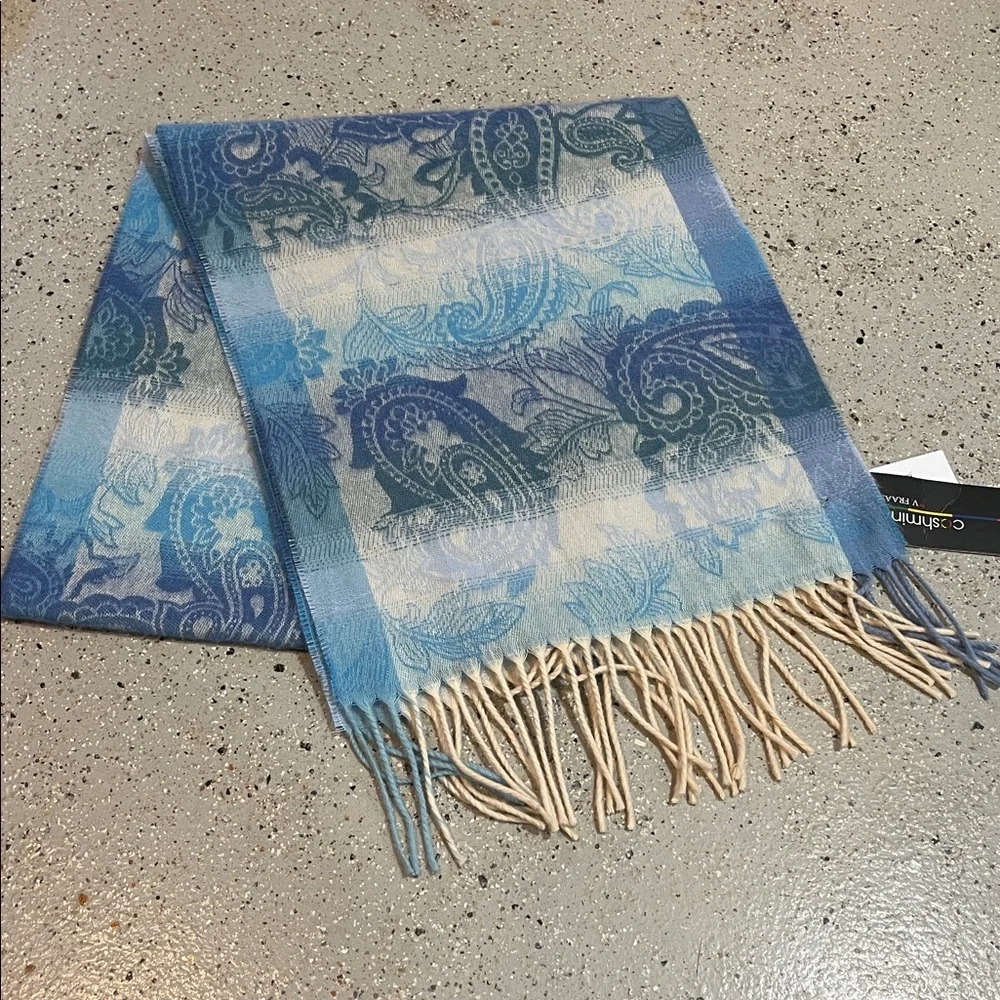 V. FRAAS CASHMINK ACRYLIC PAISLEY WOVEN FRINGED SCARF BLUE WHITE NEW WITH TAGS